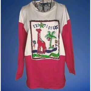 Rare Vtg 80s Artsy T-Shirt L Giraffe Sequin Handmade 100% Cotton Whimsy Cute